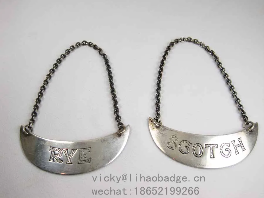 Vintage metal label antique hang tag decanter metal label with chain  for wine bottle