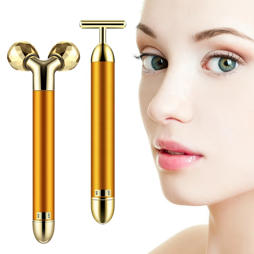 Wholesale 24k Gold Skin Care Face Massager 3D Roller Electric Sonic Depuffer Energy Beauty Bar with Package Combination