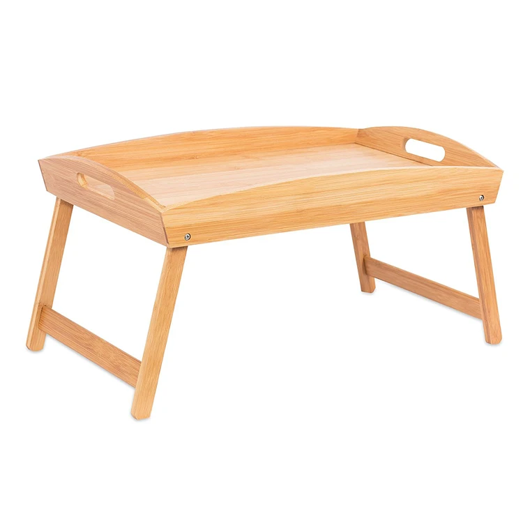 2021 Hot Bamboo Bed Tray Wooden Curved Sides Breakfast Serving Tray with Folding Legs