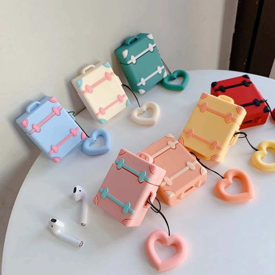 Wholesale 2019 Newest Vintage Cute Suitcase Trunk Luggage Case For Air Pods Case with Love Heart Finger Ring