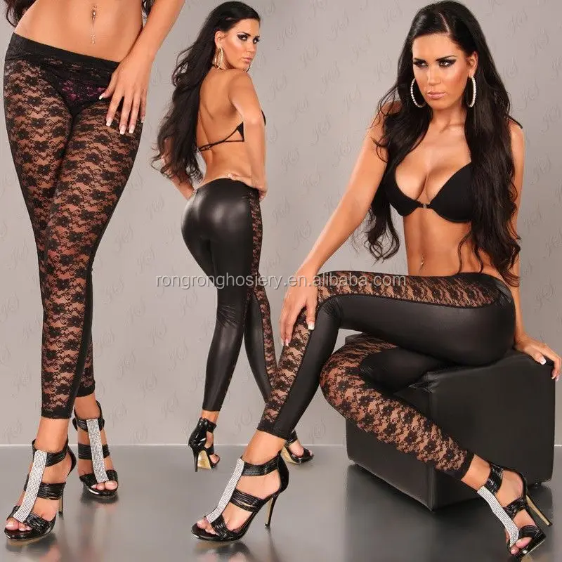 OEM High Quality Imitation Faux Leather leggings Rose Lace Leggings for sexy women