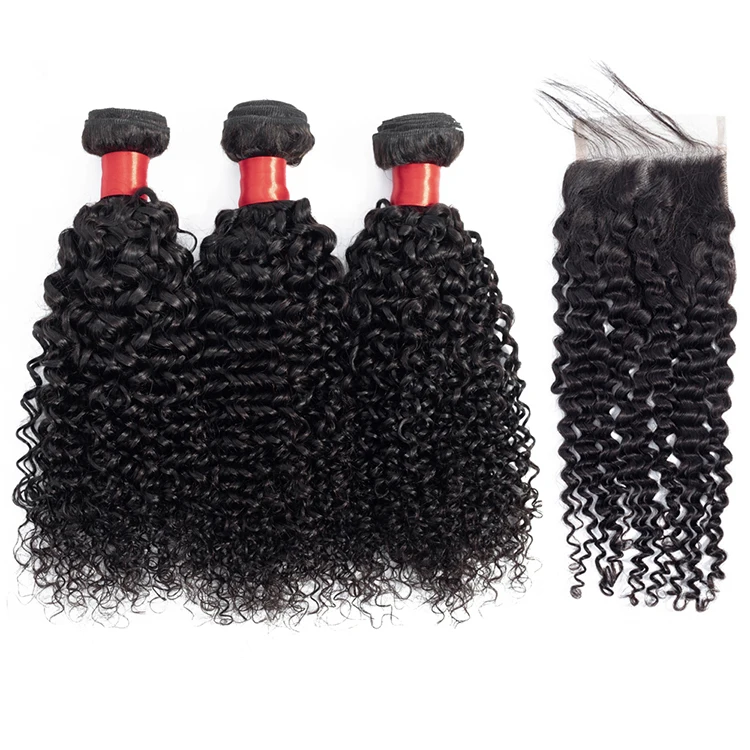  Высококачественные оптовые продажи 10 А 3 пучка с застежкой 4*4 кружевная площадь афро кудрявые завитые передние 100% волнистые волосы