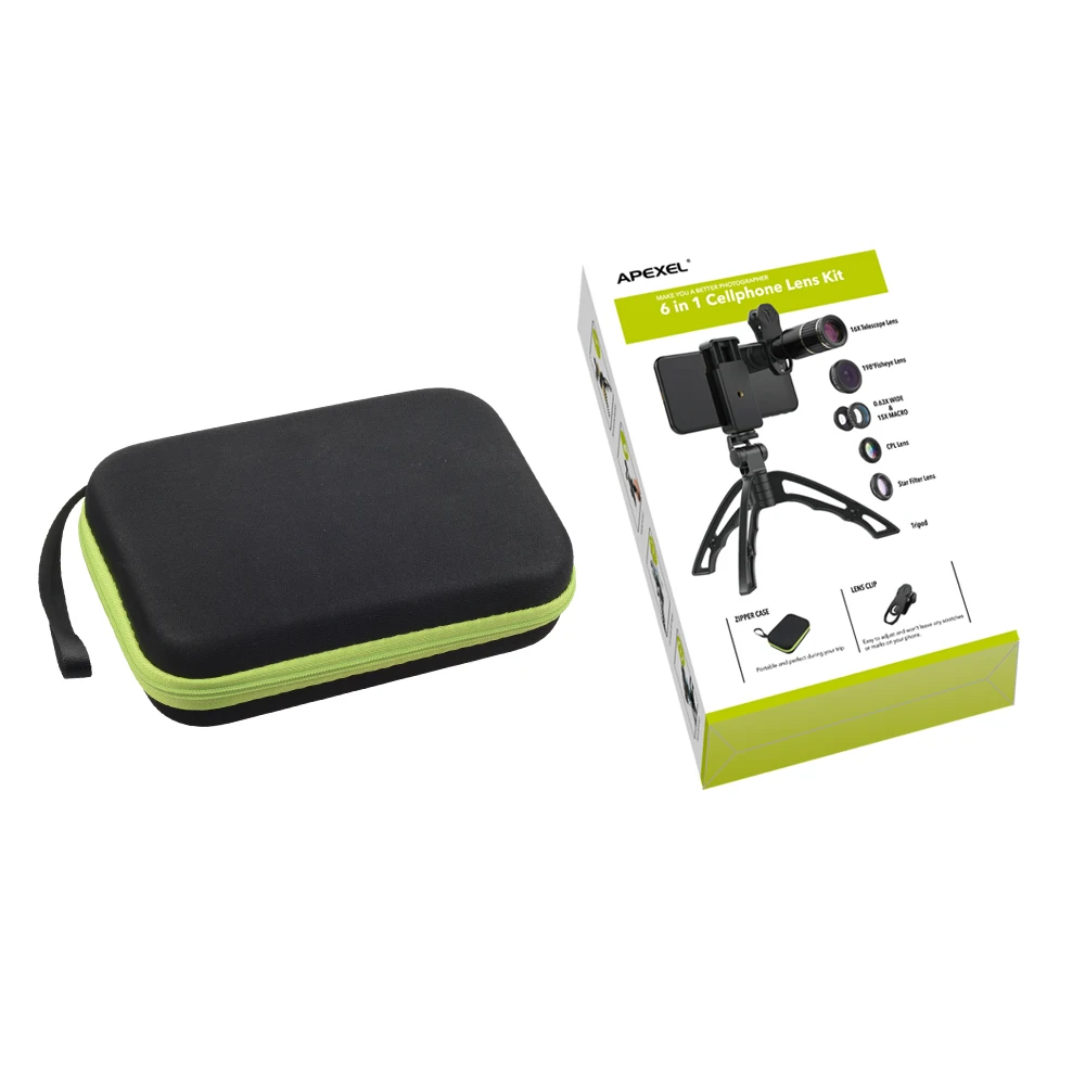 APEXEL 16X Mobile Camera Lens Telescope Fisheye Wide Angle Macro Universal Clip 6 in 1 Cell Phone Camera Lens Kit for iPhone X