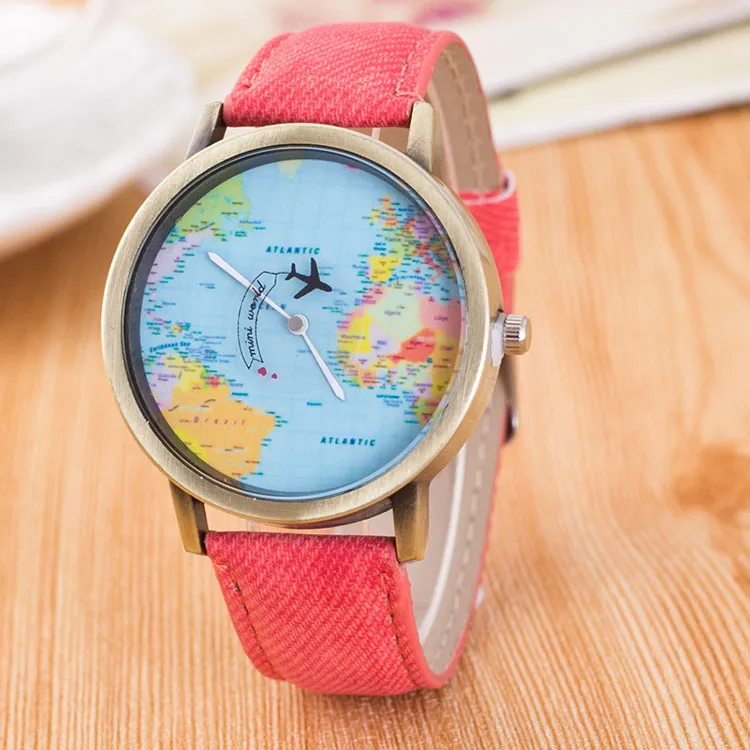 Flight Airplane Travel World Denim Strap Quartz Watches Women Dress Wristwatch Gifts Bronze World Map Watch