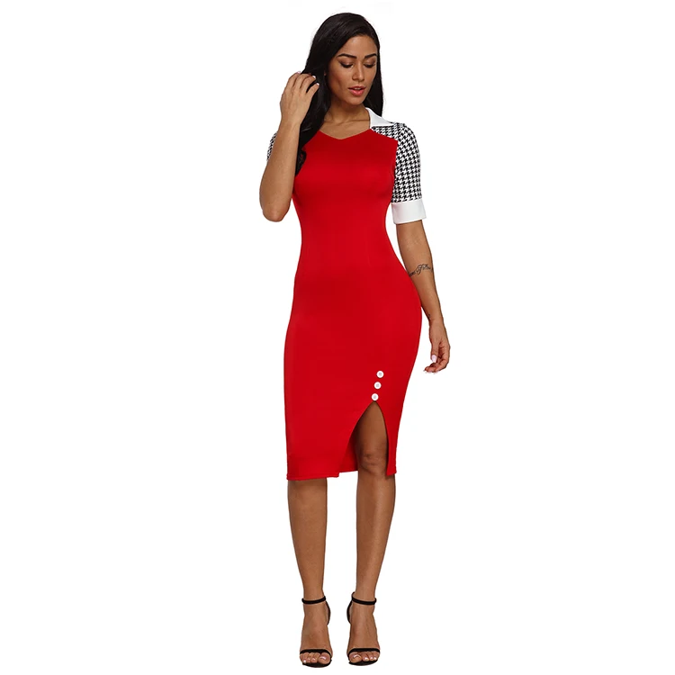 
Womens Houndstooth Patchwork Office Bodycon Dress 