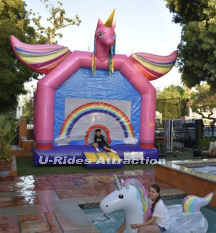 Wholesale Custom High Quality Princess Rainbow Unicorn PVC Durable Jumping Inflatable Bouncy Castle Carriage Slide For Party
