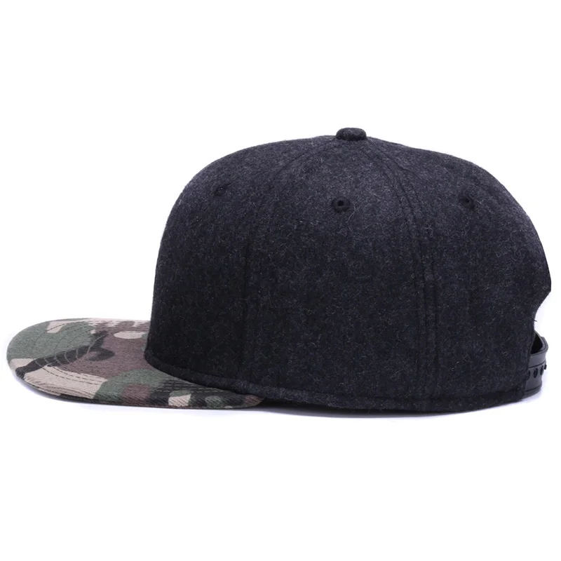 Wholesale Custom Made Wool Blend Fabric Blank Camo Flat Brim Low Profile Design Snapback Cap Hats