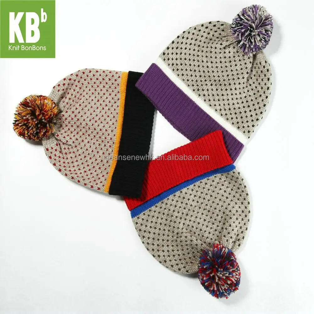 European Handmade Customize 80% Acrylic 20% Wool Fall Winter Warm Adult Women Teen Girl Dotted Black Knit Pom Pom Beanie Hat