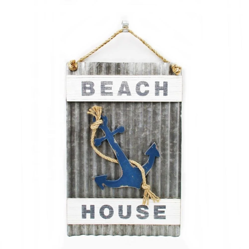 High Quality Nautical Rustic Drop in Anchor Metal Wall Hanging Decoration with Burlap Strings and Beach House Sign