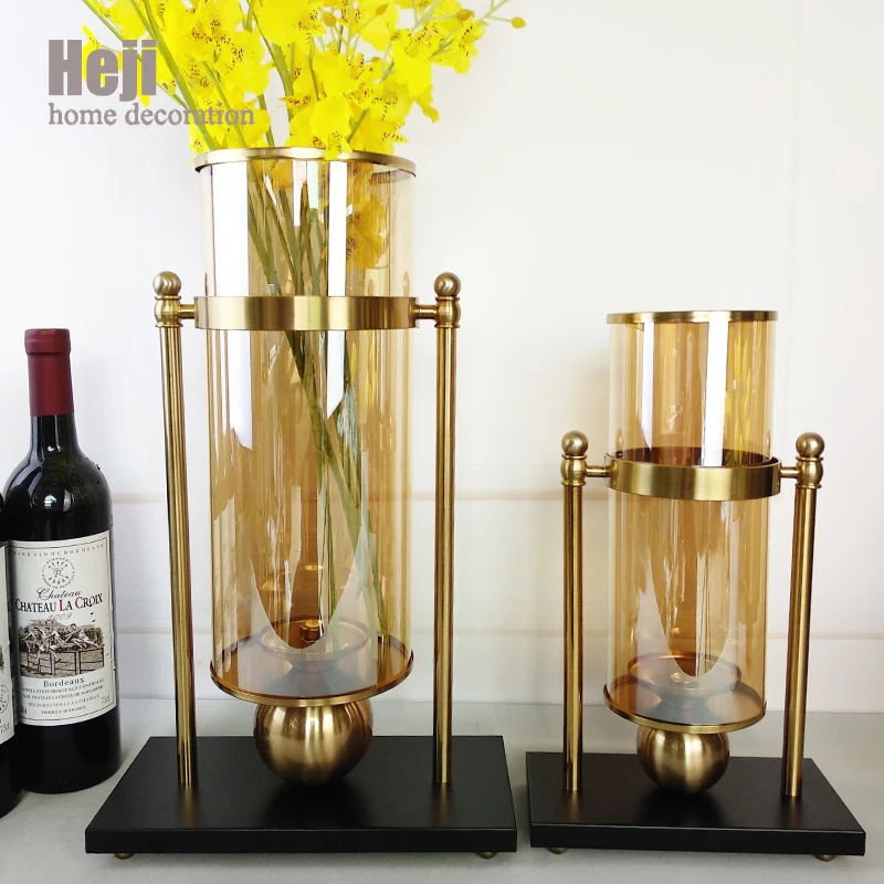 Large Modern Nordic Artistic Tall Trumpet Wedding Centerpiece Cylinder Glass Metal Flower Decoration Gold Vases For Home Decor