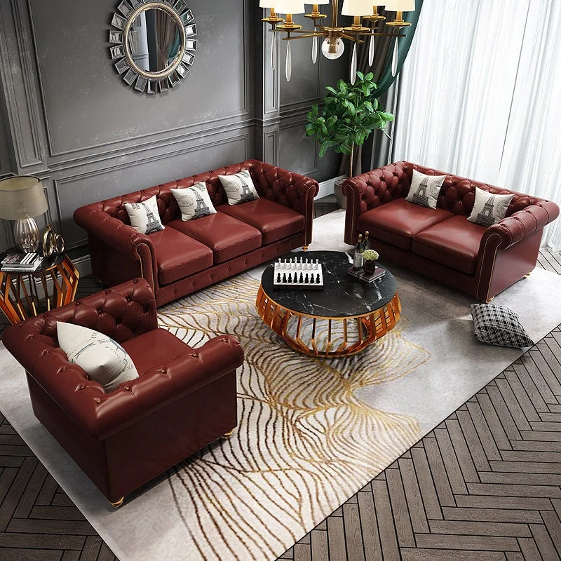
Leather cushion solid wood structure chesterfield sofa set for hotel 