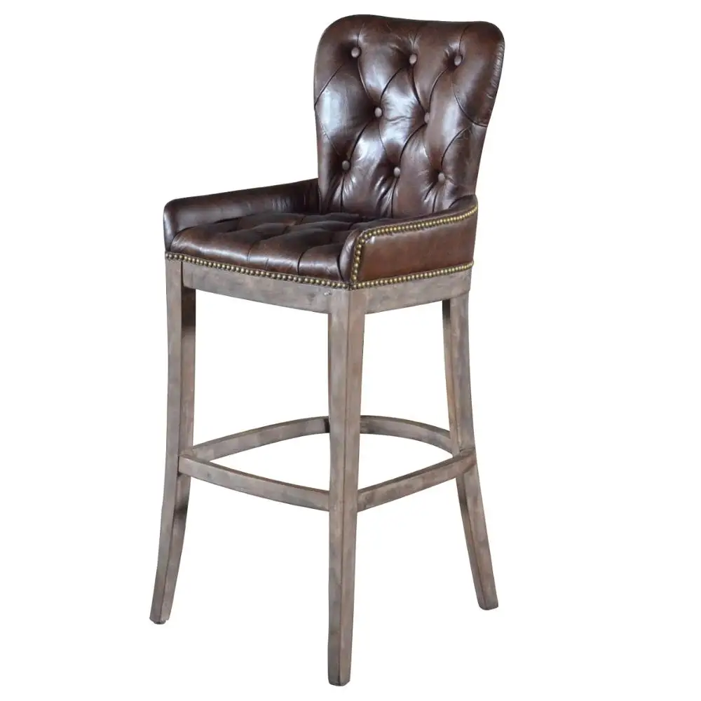 Antique Wood Chesterfield grey leather bar stools with back  Vintage Chair