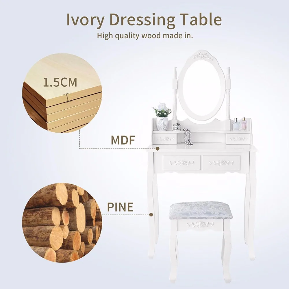 Luxury White Dressing Table With Mirror and Stool, vanity table Set 4 Drawers Bedroom Dresser