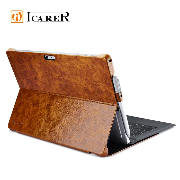 ICARER Custom Logo Genuine Leather Flip Folio Cover Case for Microsoft Surface Pro 4 Sleeve