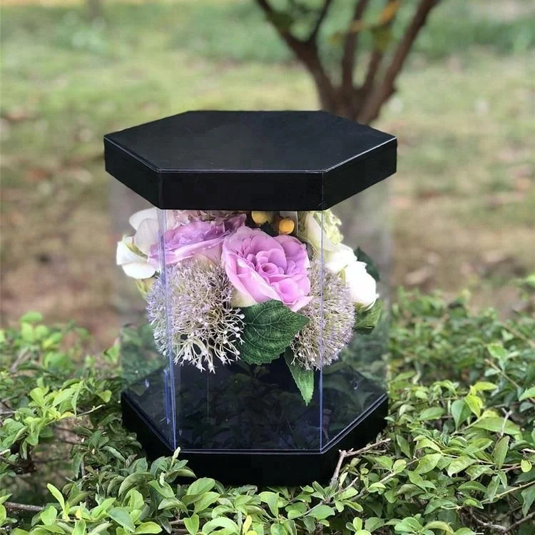 Custom printing cardboard hexagon shape PVC transparent box flower boxes
