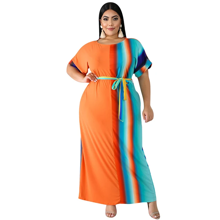 New Design Casual Fat Women One Piece High Waist Striped Print Dress With Belt Sexy Summer Long Maxi Dress Plus Size 2019