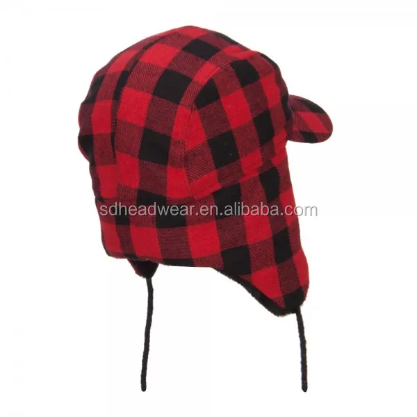 ear flap winter hats with strings and earflap red plaid woolen hat