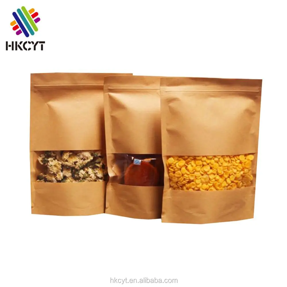 Stand upkraft paper mylar bags with zip lock window for snack,coffee,bacon,peanut