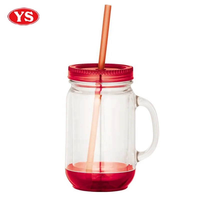 20 Ounce Plastic Double Wall Mason Glass Jar with Handle and Straw