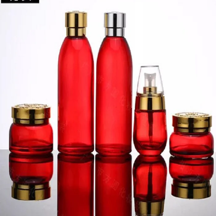 
new design cosmetic packing sets unique red lotion glass bottle and cream jar 