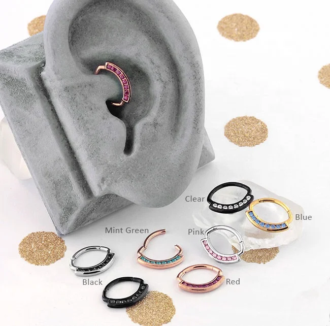 316L Surgical Steel Oval Design Multi CZ Hinged Segment Septum Ring Body Jewelry