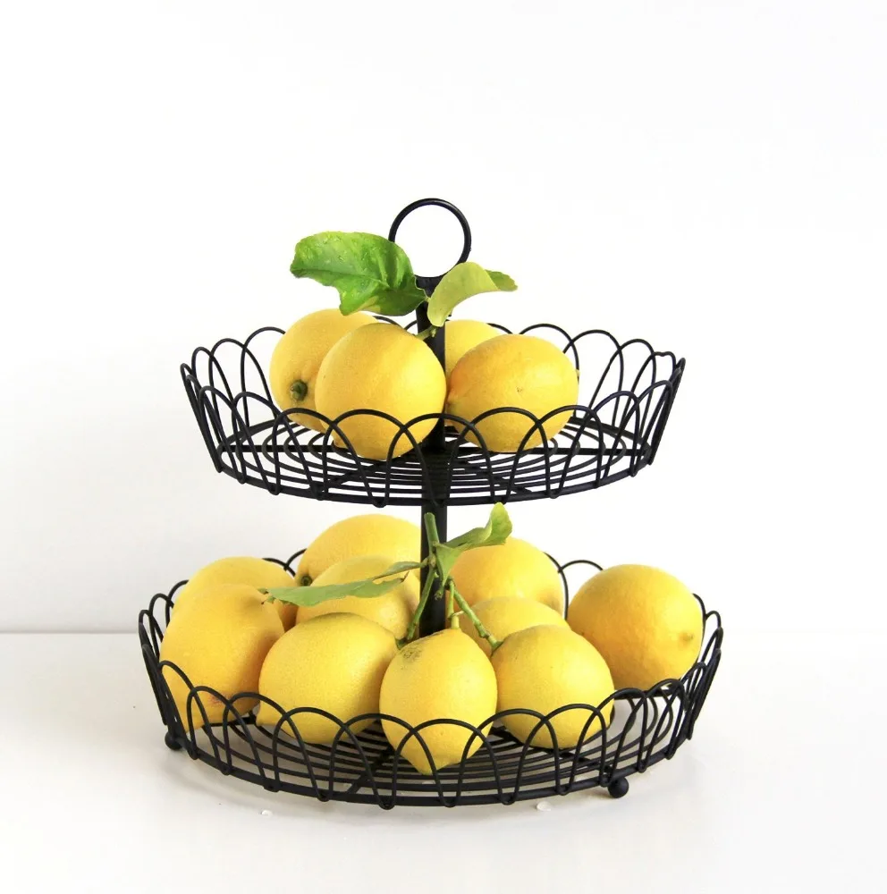 Black Metal 2-Tiered Stand, Fruit Storage, Display Basket, Countertop Organizer