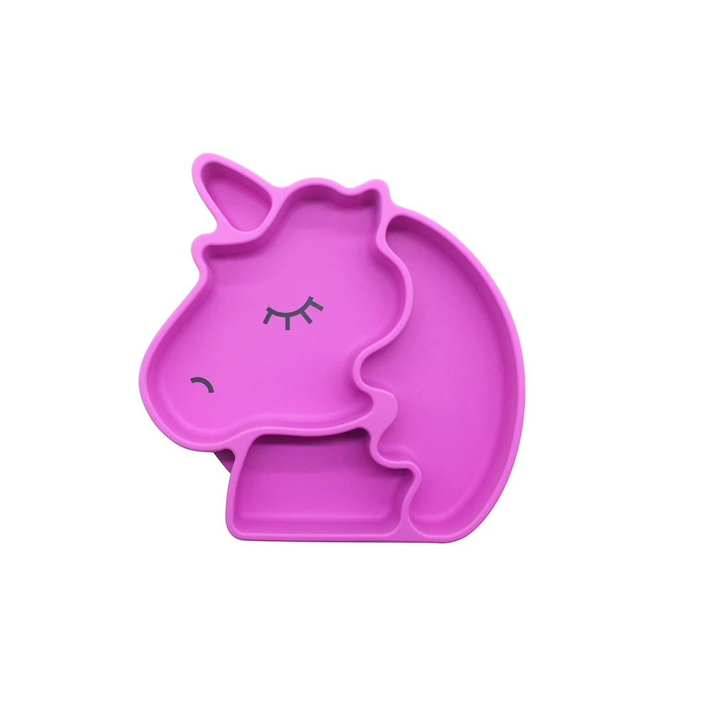 Benhaida Food Grade Silicone Cute Animal Unicorn Shaped Feeding Plate With Suction Divided Grip Dish for Baby