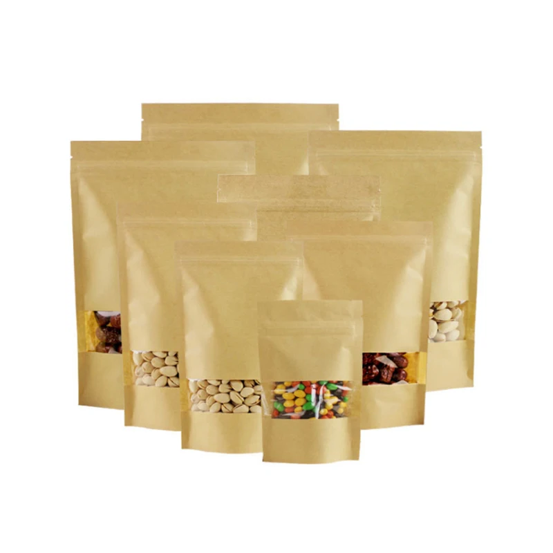 Eco-Friendly Recycled Waterproof Washable Stand up Kraft Paper Bag Zipper With Clear Window