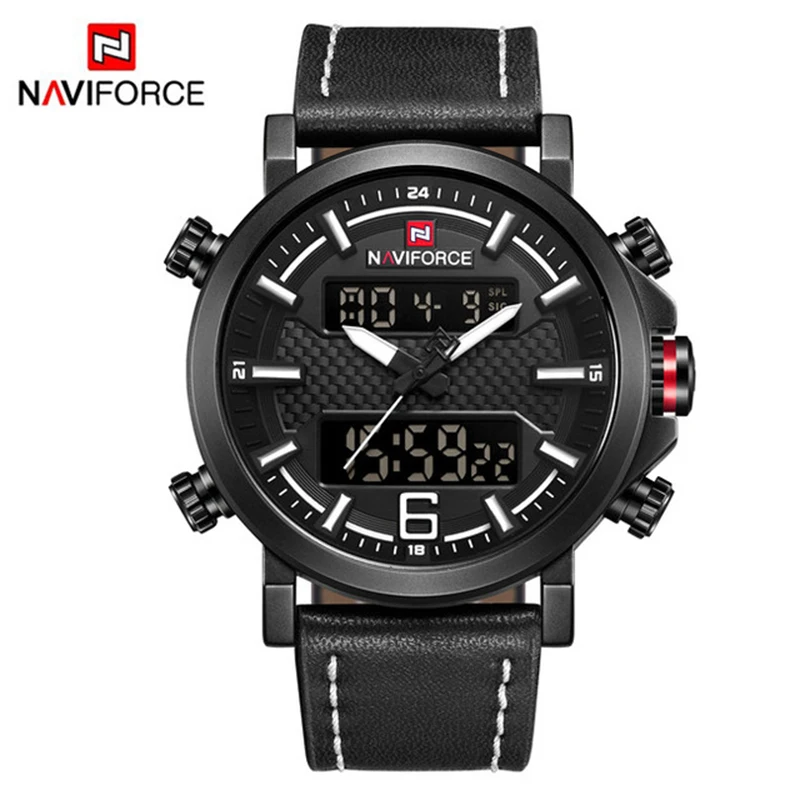  Мужские часы NAVIFORCE 9135 брендовые Роскошные спортивные военные кварцевые цифровые с двойным дисплеем водонепроницаемые кожаным ремешком для