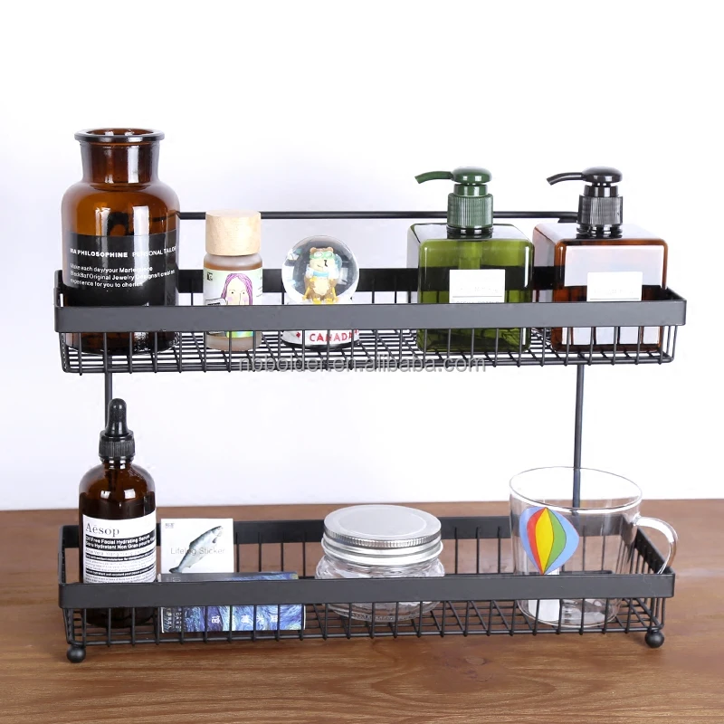 Multi-function 2 tiers black metal wire storage shelf rack for space saving