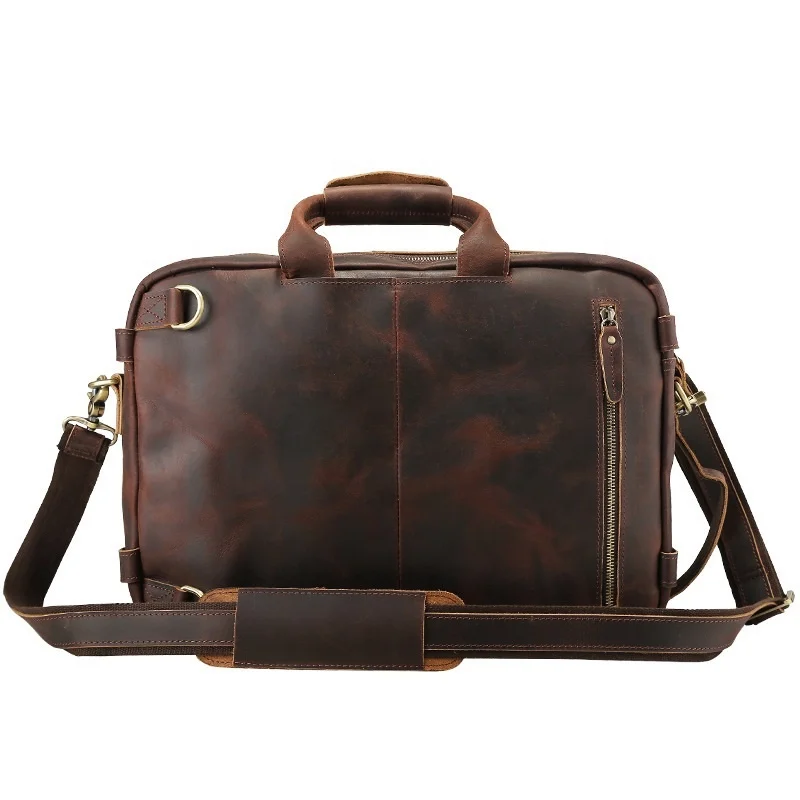Vintage 15.6 Inch Mens Crazy Horse Genuine Leather Convertible Backpack Laptop Messenger Large Briefcase Daypack Travel Bag