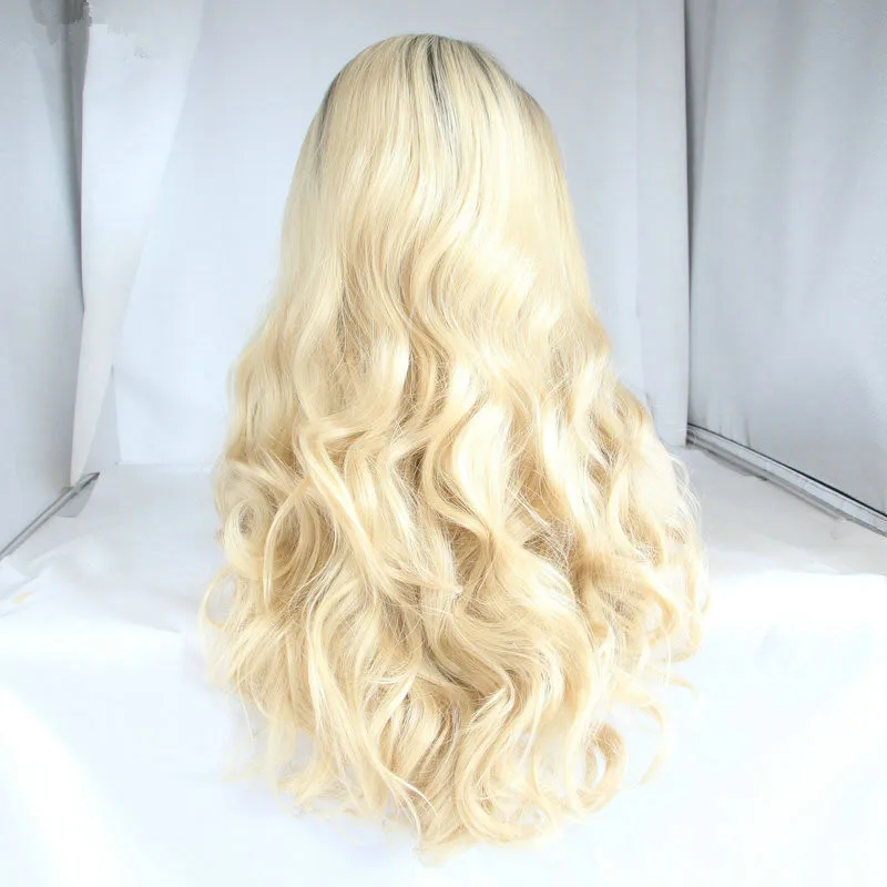 Blonde Wavy Wig High Temperature Fiber Long Hair Full Synthetic Lace Front Wigs for Women Ladies Girls Dark Roots to Gold
