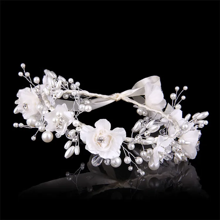 Beautiful bride hair crown artificial flower hair garland with pearl white