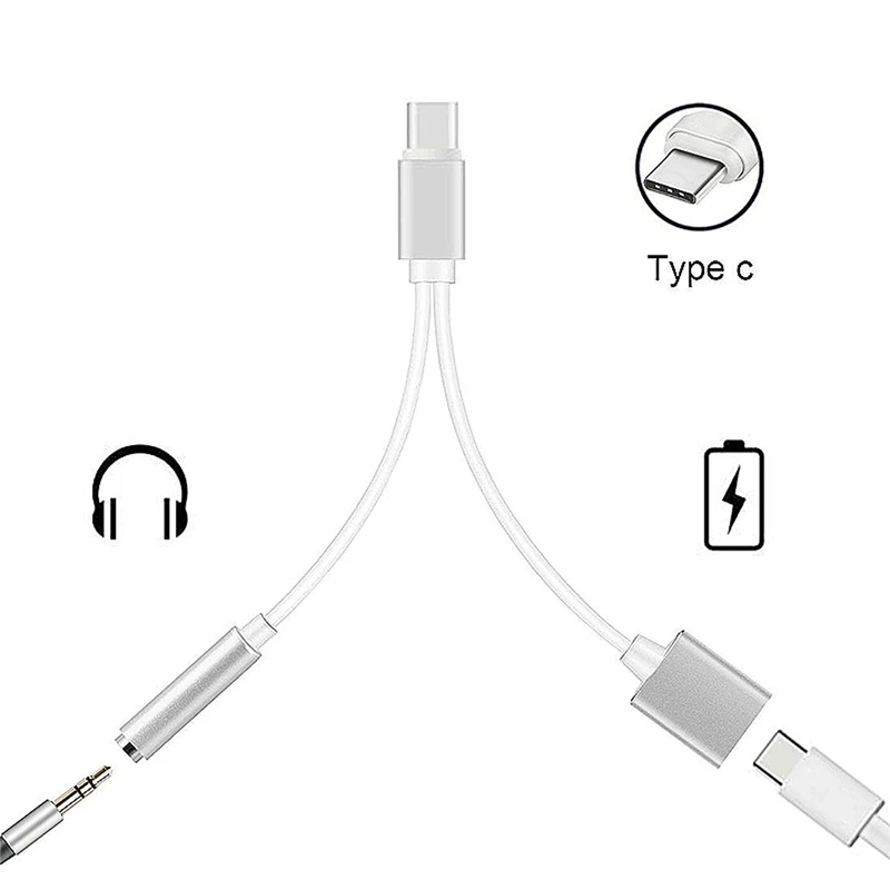2 in 1 USB 3.1 Type-C Charger 3.5 mm Audio Headphone Jack Adapter Cable - Silver