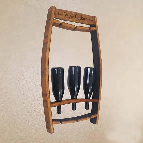 2024 Custom logo wall mounted vintage wooden wine bottle barrel rack wood glass holder