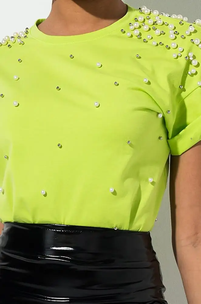 
Custom Wholesale Neon Green Pearl Embellished Short Sleeve T Shirt Women 