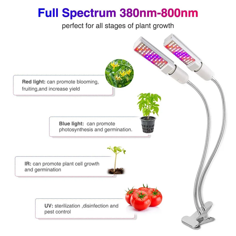 45W Led Grow Light Bulb for Indoor Plants, 100 LEDs Sunlike Full Spectrum Grow Lamp White, Dual Head Gooseneck Desk Plant Light