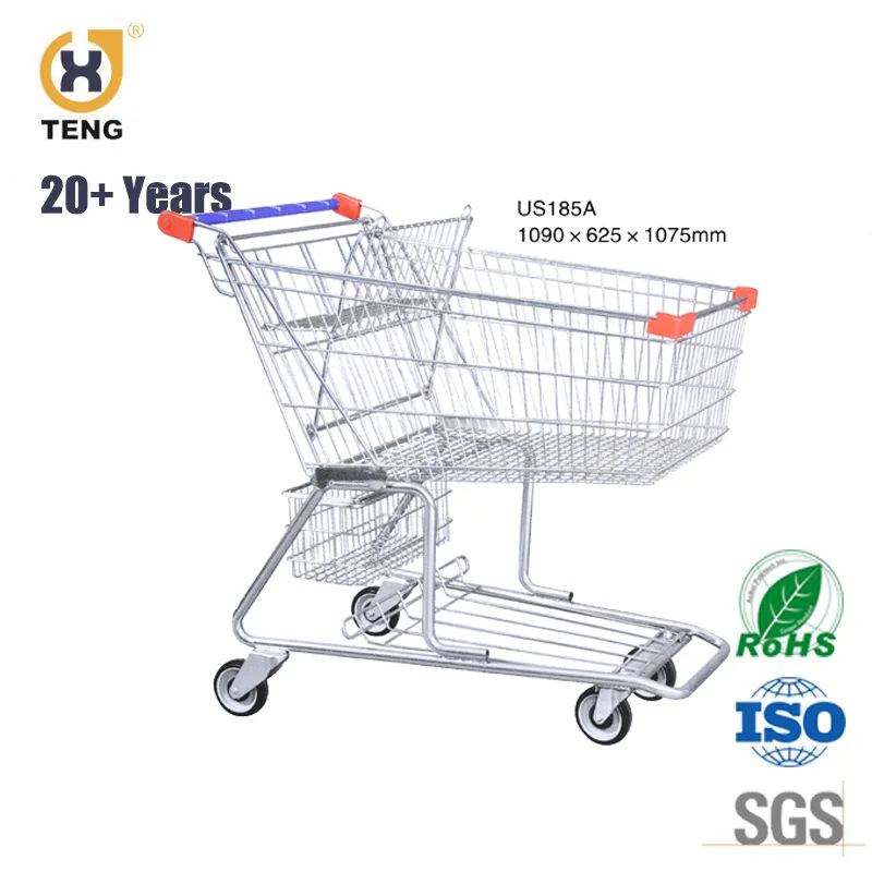 Supermarket Unfolding Metal Two Basket Cart With Wheels Shopping Trolley Cart