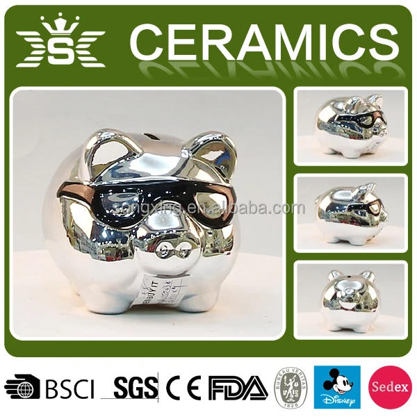 silver ceramic mini piggy bank with black glass