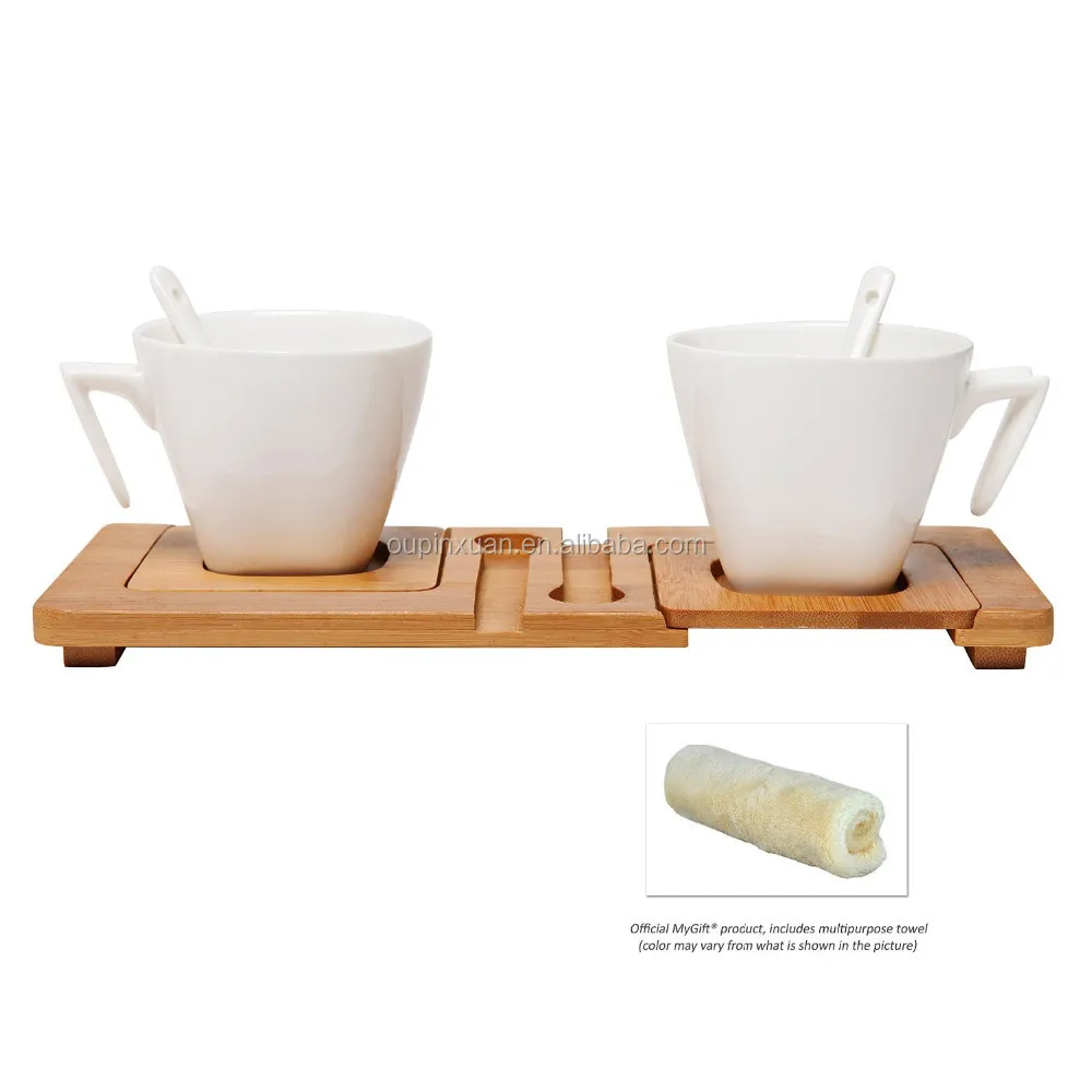 Bamboo tea coffee canister set Modern White Ceramic Tea Cups and Spoons on Bamboo Serving Tray Inset Coasters