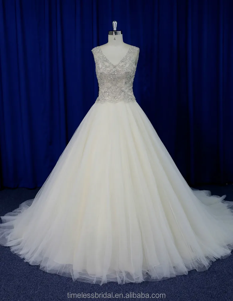 Exquisite embroidered bodice puffy champagne tulle skirt factory wedding dress