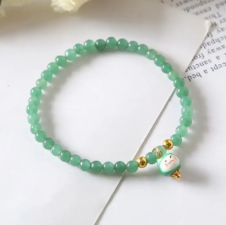 4mm Wholesale Myammar Green Jade Bead Bracelet with Fortune Cat