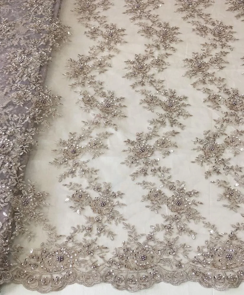 latest allover hand beaded sequin lace fabric metallic embroidery designs for dress, high quality beaded lace fabric embroidery