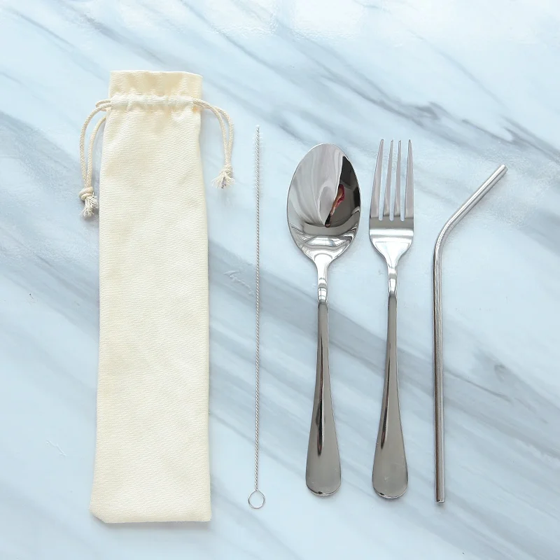 Customized logo dinnerware cutlery set modern design simple plain food safe travel cutlery set with pouch