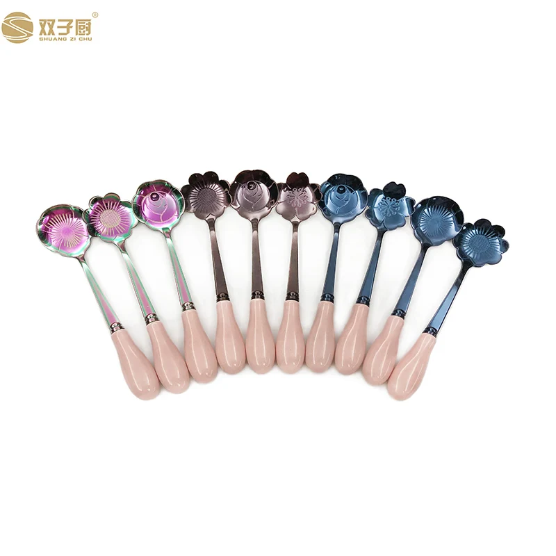 Ceramic Handle Stainless Steel Flower Shape Dessert Tea Small Spoon