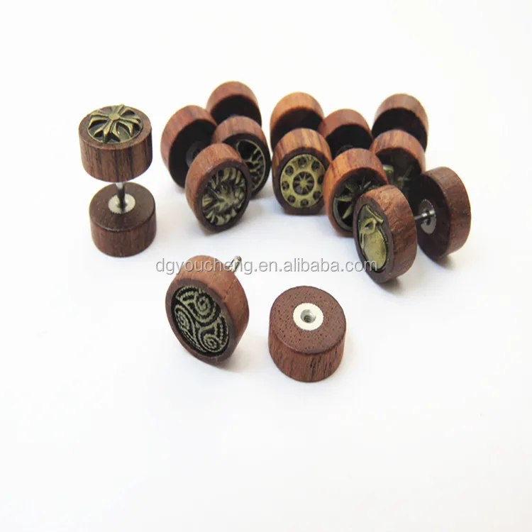 
16G Wood Fake Cheater Plugs Unisex Earrings Screw Stud Barbell Tunnel 