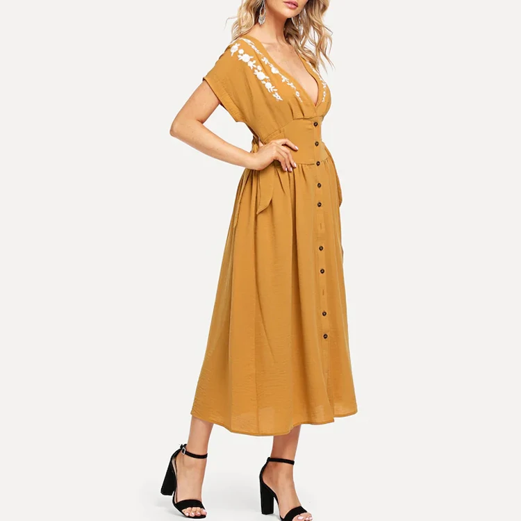 Wholesale fashion women Wide Waistband Flower Embroidered Button Up Dress