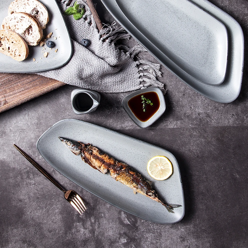 Restaurant Hotel Vintage Ceramic Irregular Grey Color Glaze Speckled Matte Fish Sushi Porcelain Serving Plate
