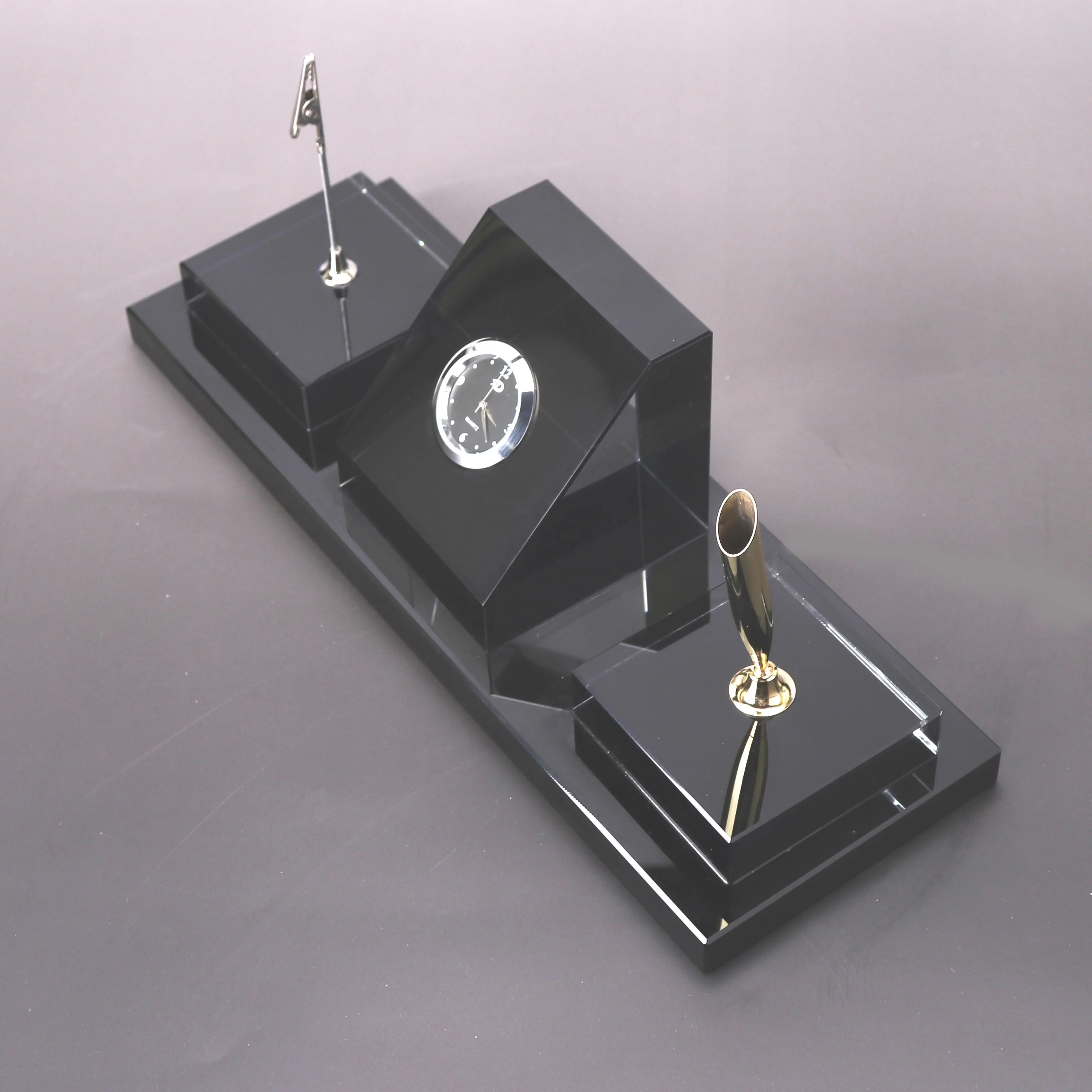 New Design Black Crystal Office Stationery Set With Clock/Pen holder For Table Decoration