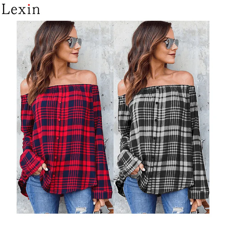 Spring Casual Cotton Strapless Plaid Loose Women Shirts Button Long Sleeve Off Shoulder Ladies Blouse With Checks